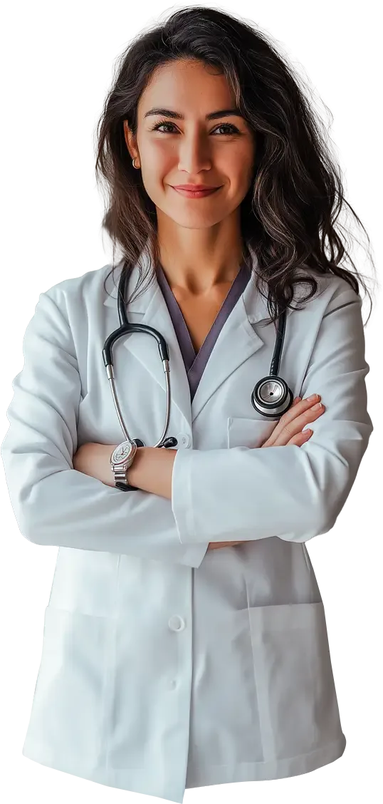 Steteskoplu, kollarını kavuşturmuş gülümseyen kadın doktor