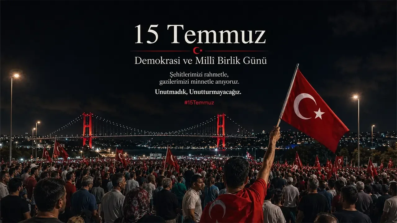 15 Temmuz Demokrasi ve Millî Birlik Günü anma görseli: köprüde bayraklı kalabalık